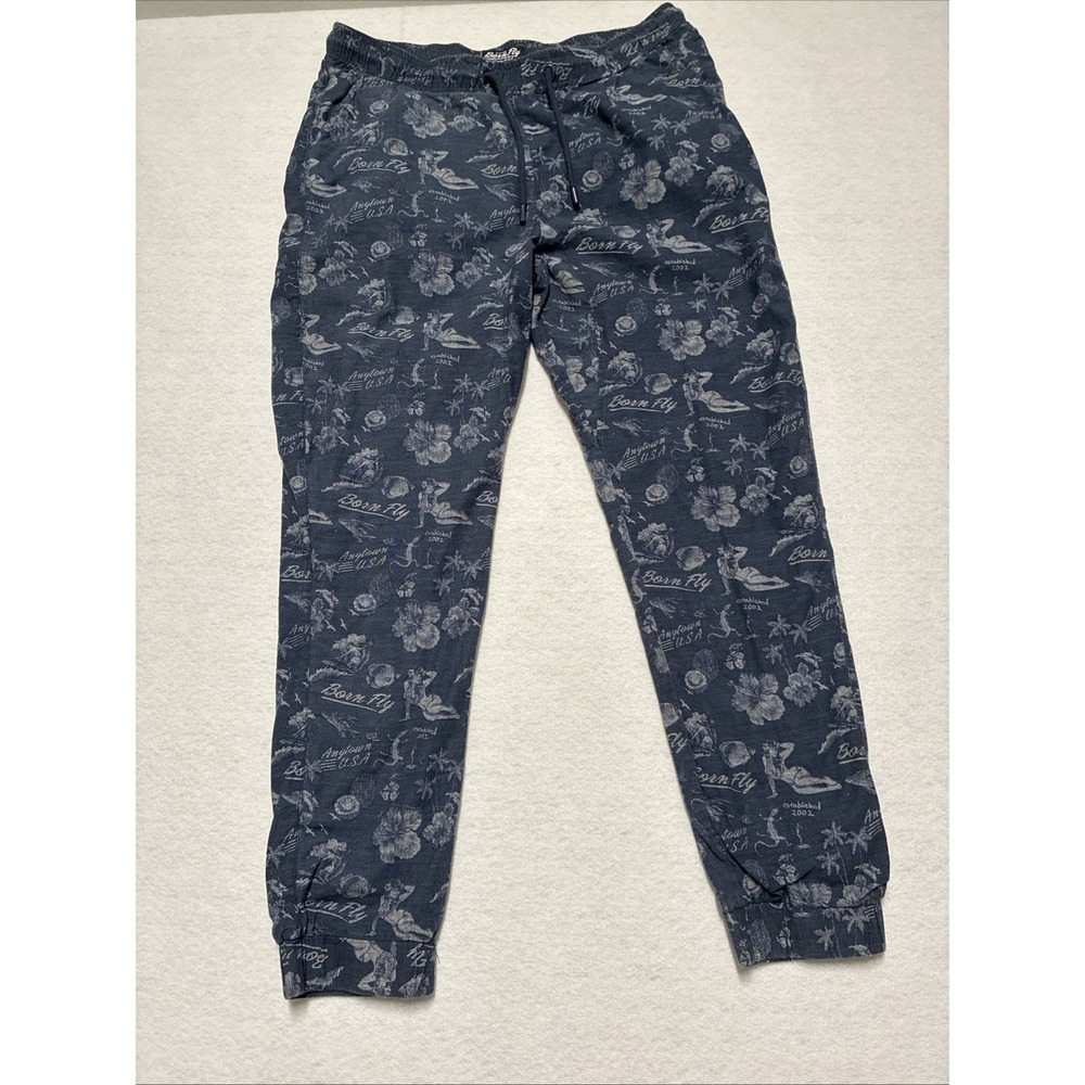 Born Fly‎ Mens Large Tapered Joggers Blue White Aloha Surf Graphic 34W x 30 L